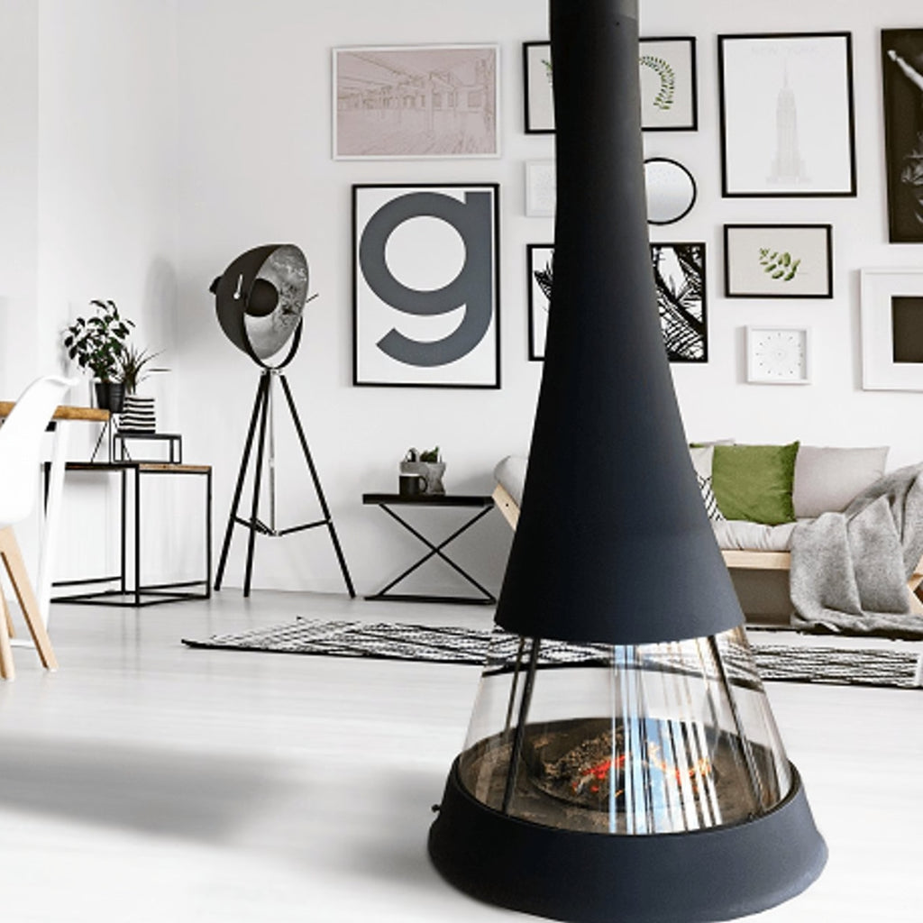 Sculpt Bordelet Linea 914 Central Suspended Wood Fire inc Flue for 2.4m Ceiling