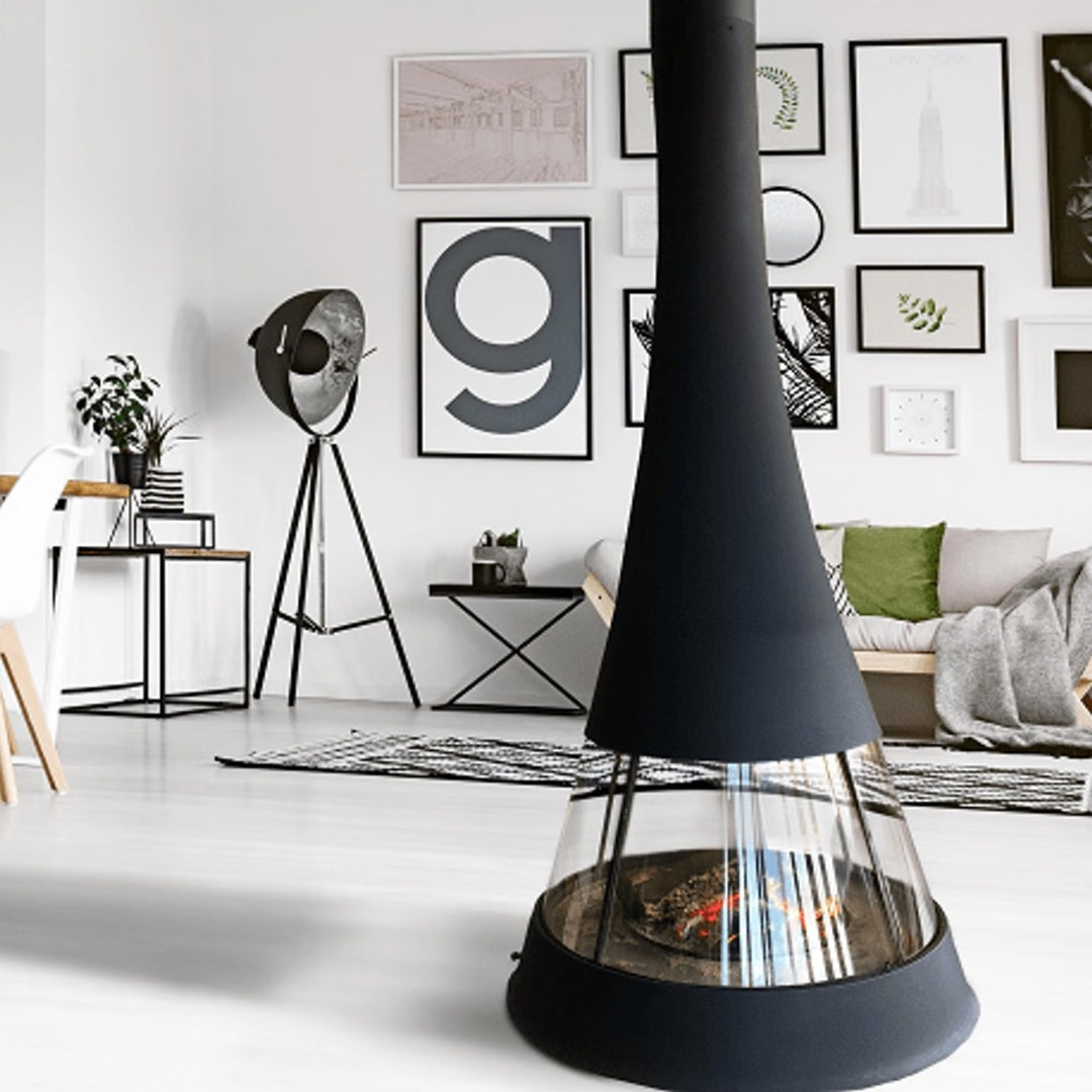 Sculpt Bordelet Linea 914 Central Suspended Wood Fire inc Flue for 2.4m Ceiling