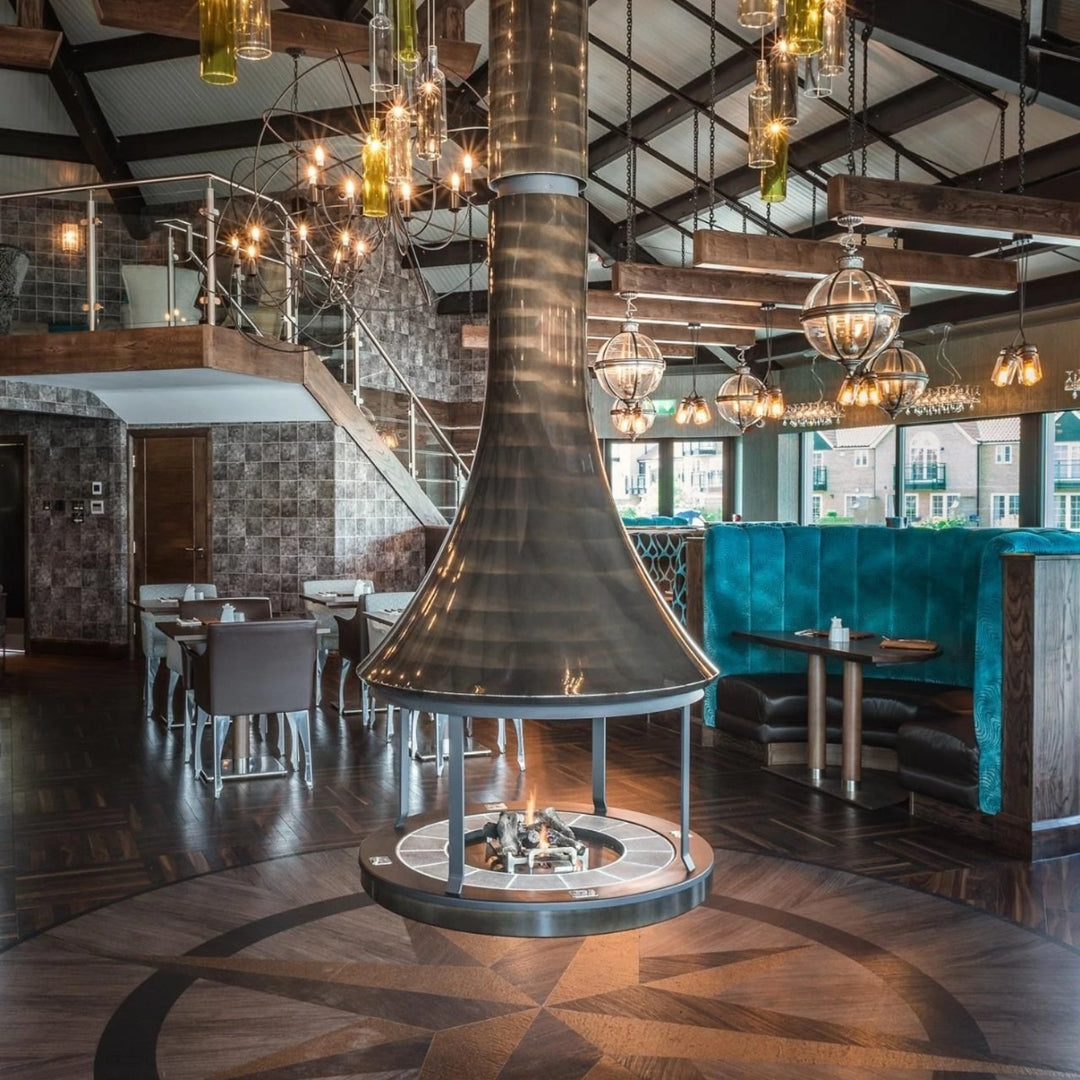 Sculpt Bordelet Zelia 908 Central Suspended Wood Fire inc Flue for 2.4m Ceiling