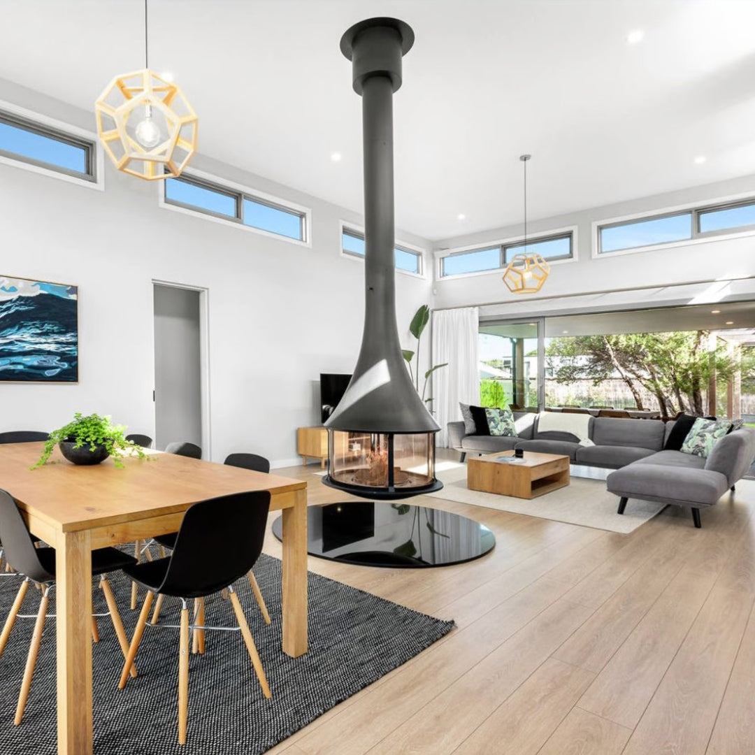 Sculpt Bordelet Zelia 908 Central Suspended Wood Fire inc Flue for 2.4m Ceiling